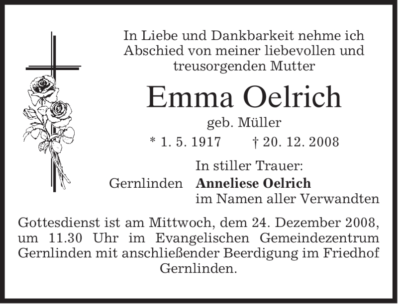  Traueranzeige für Emma Oelrich vom 23.12.2008 aus MERKUR & TZ