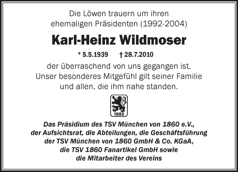  Traueranzeige für Karl-Heinz Wildmoser vom 31.07.2010 aus MERKUR & TZ