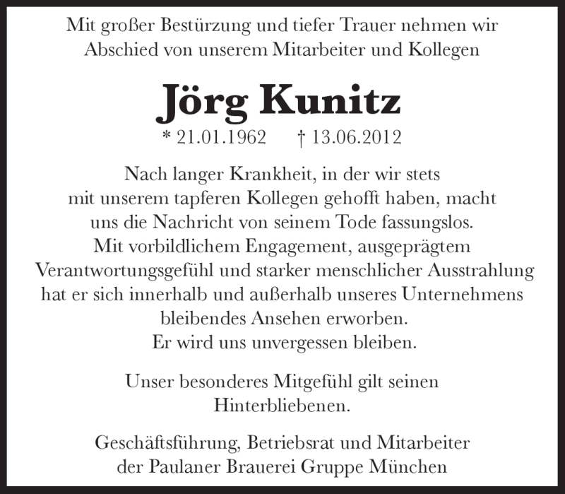  Traueranzeige für Jörg Kunitz vom 20.06.2012 aus MERKUR & TZ