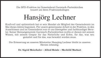 Traueranzeige von Hansjörg Lechner von MERKUR & TZ