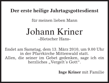 Traueranzeige von Johann Kriner von MERKUR & TZ