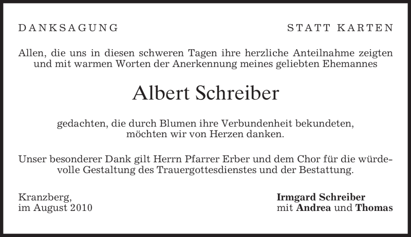  Traueranzeige für Albert Schreiber vom 30.08.2010 aus MERKUR & TZ
