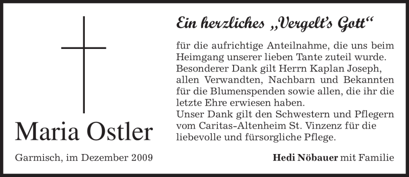  Traueranzeige für Maria Ostler vom 19.12.2009 aus MERKUR & TZ