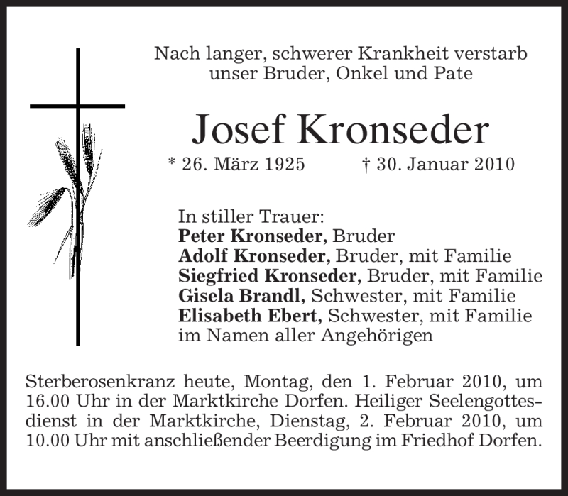  Traueranzeige für Josef Kronseder vom 01.02.2010 aus MERKUR & TZ