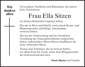 Traueranzeige von Ella Sitzen von MERKUR & TZ