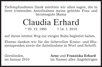 Traueranzeige von Claudia Erhard von MERKUR & TZ