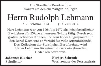 Traueranzeige von Rudolph Lehmann von MERKUR & TZ