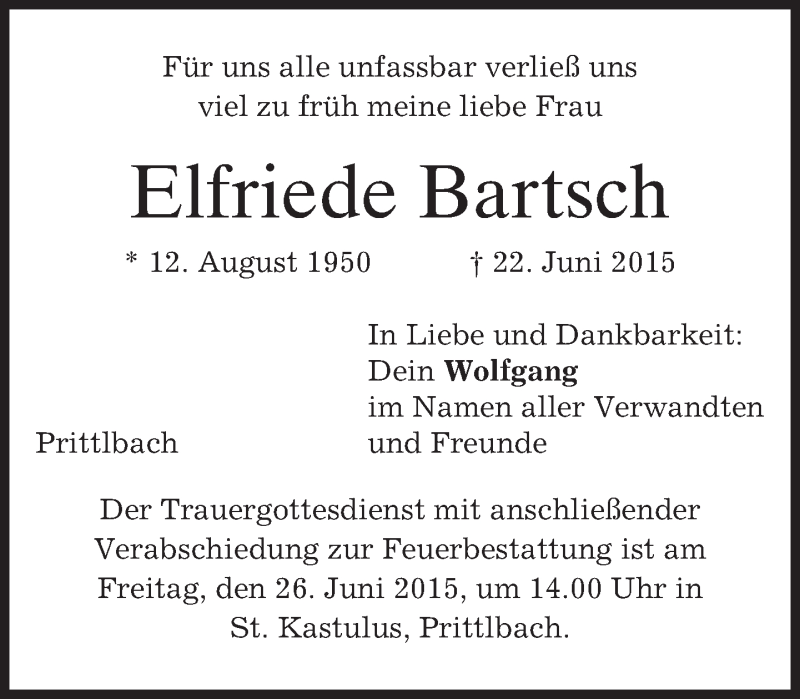 Traueranzeige für Elfriede Bartsch vom 25.06.2015 aus merkurtz