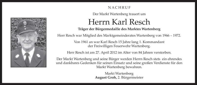  Traueranzeige für Karl Resch vom 08.05.2012 aus MERKUR & TZ