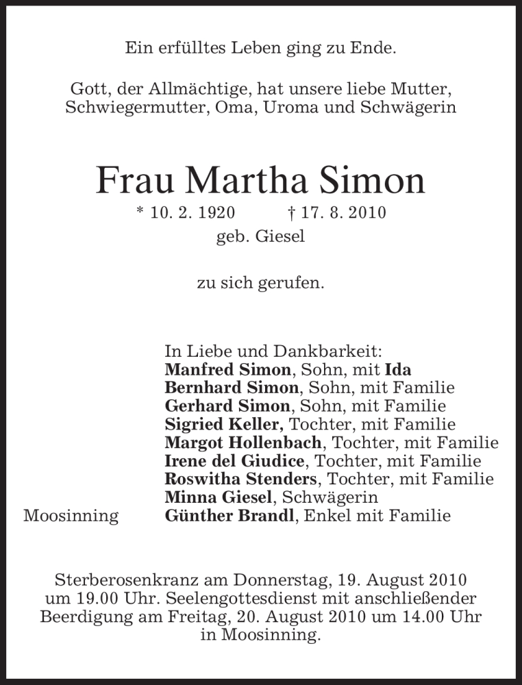  Traueranzeige für Martha Simon vom 19.08.2010 aus MERKUR & TZ