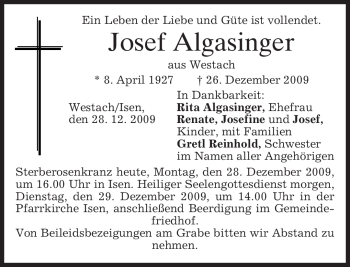 Traueranzeige von Josef Algasinger von MERKUR & TZ