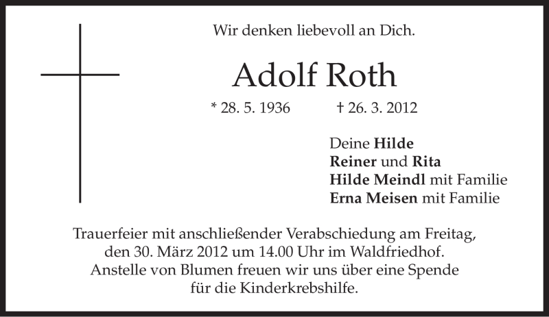  Traueranzeige für Adolf Roth vom 29.03.2012 aus MERKUR & TZ