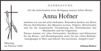 Traueranzeige von Anna Hofner von MERKUR & TZ