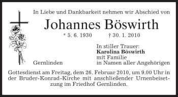Traueranzeige von Johannes Böswirth von MERKUR & TZ
