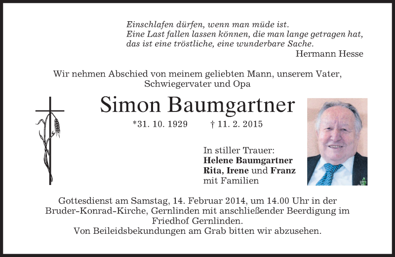  Traueranzeige für Simon Baumgartner vom 13.02.2015 aus merkurtz