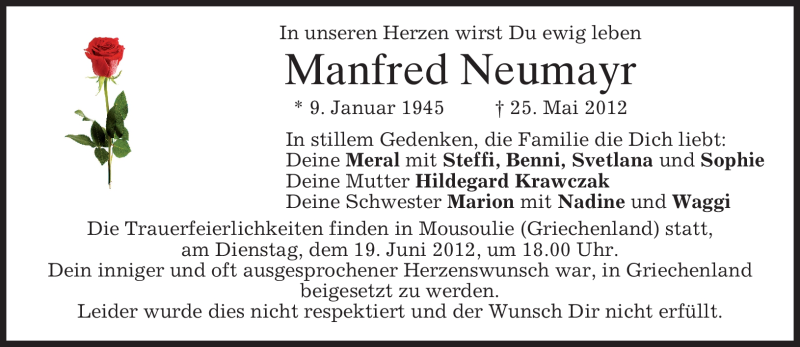  Traueranzeige für Manfred Neumayr vom 18.06.2012 aus MERKUR & TZ