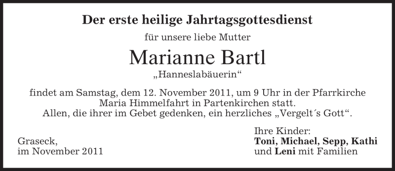  Traueranzeige für Marianne Bartl vom 05.11.2011 aus MERKUR & TZ