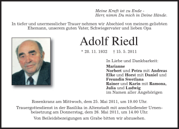 Traueranzeige von Adolf Riedl von MERKUR & TZ