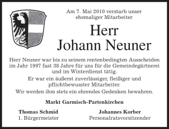 Traueranzeige von Johann Neuner von MERKUR & TZ