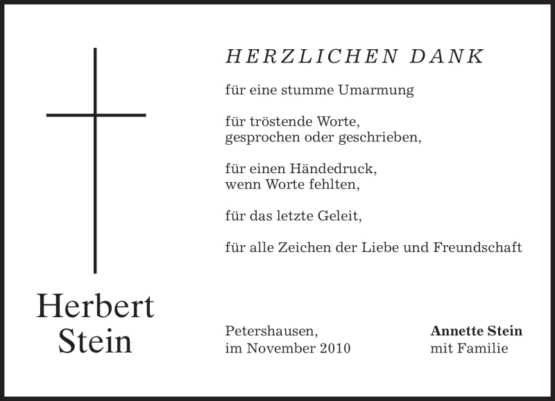  Traueranzeige für Herbert Stein vom 20.11.2010 aus MERKUR & TZ