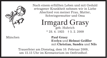Traueranzeige von Irmgard Grasy von MERKUR & TZ