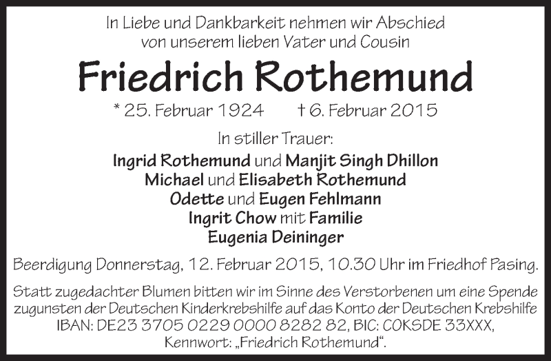  Traueranzeige für Friedrich Rothemund vom 11.02.2015 aus merkurtz