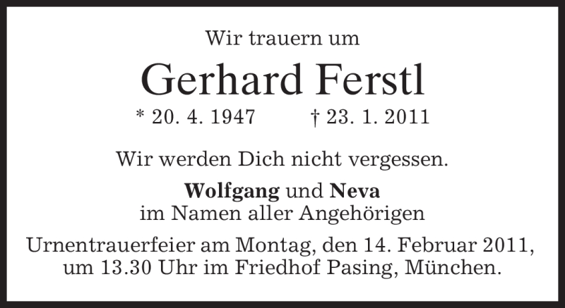  Traueranzeige für Gerhard Ferstl vom 12.02.2011 aus MERKUR & TZ