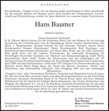 Traueranzeige von Hans Baumer von MERKUR & TZ