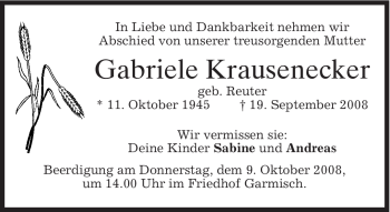 Traueranzeige von Gabriele Krausenecker von MERKUR & TZ