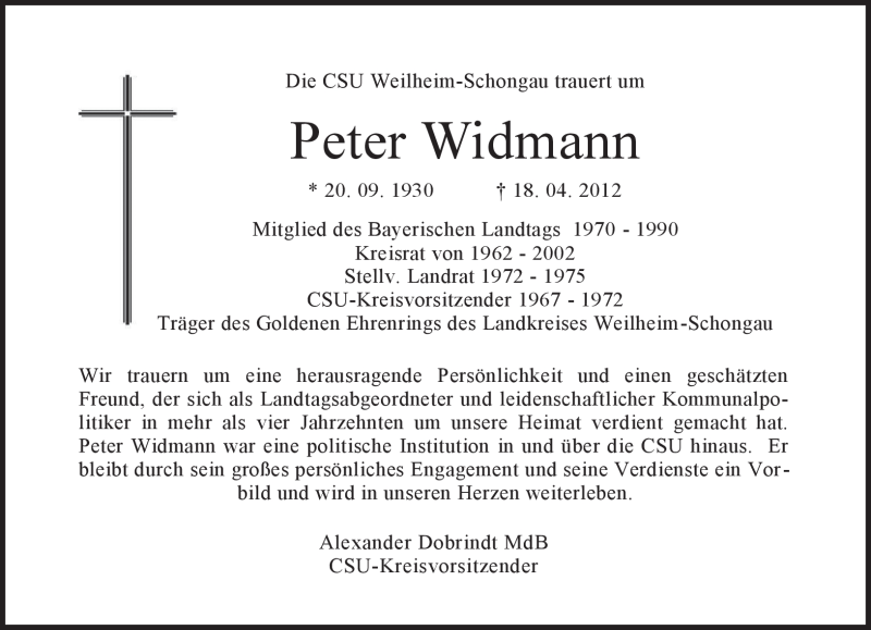  Traueranzeige für Peter Widmann vom 20.04.2012 aus MERKUR & TZ