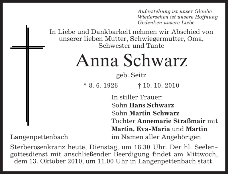  Traueranzeige für Anna Schwarz vom 12.10.2010 aus MERKUR & TZ