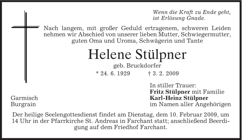  Traueranzeige für Helene Stülpner vom 07.02.2009 aus MERKUR & TZ
