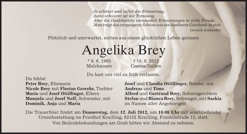  Traueranzeige für Angelika Brey vom 07.07.2012 aus MERKUR & TZ