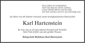 Traueranzeige von Karl Hartenstein von MERKUR & TZ