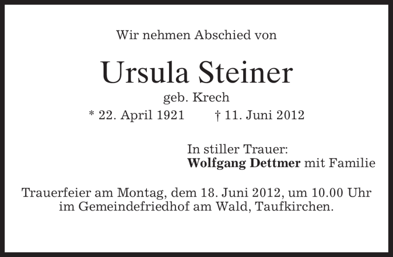  Traueranzeige für Ursula Steiner vom 16.06.2012 aus MERKUR & TZ