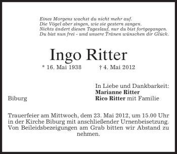 Traueranzeige von Ingo Ritter von MERKUR & TZ