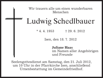 Traueranzeige von Ludwig Schedlbauer von MERKUR & TZ