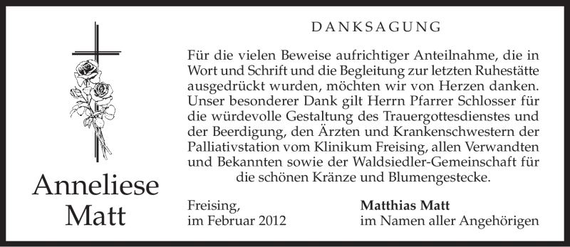  Traueranzeige für Anneliese Matt vom 16.02.2012 aus MERKUR & TZ