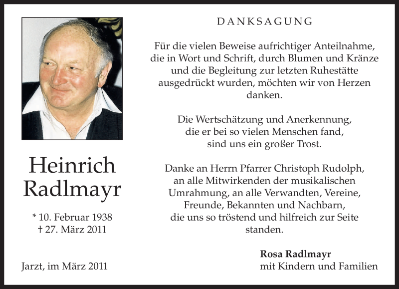  Traueranzeige für Heinrich Radlmayr vom 09.04.2011 aus MERKUR & TZ