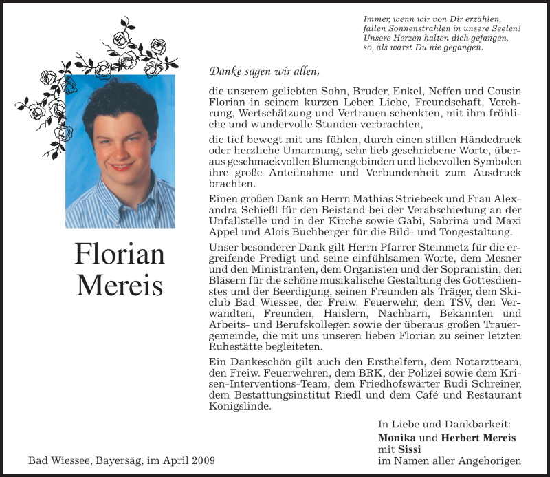  Traueranzeige für Florian Mereis vom 25.04.2009 aus MERKUR & TZ
