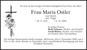 Traueranzeige von Maria Ostler von MERKUR & TZ