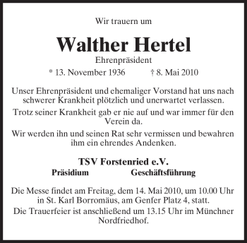 Traueranzeige von Walther Hertel von MERKUR & TZ