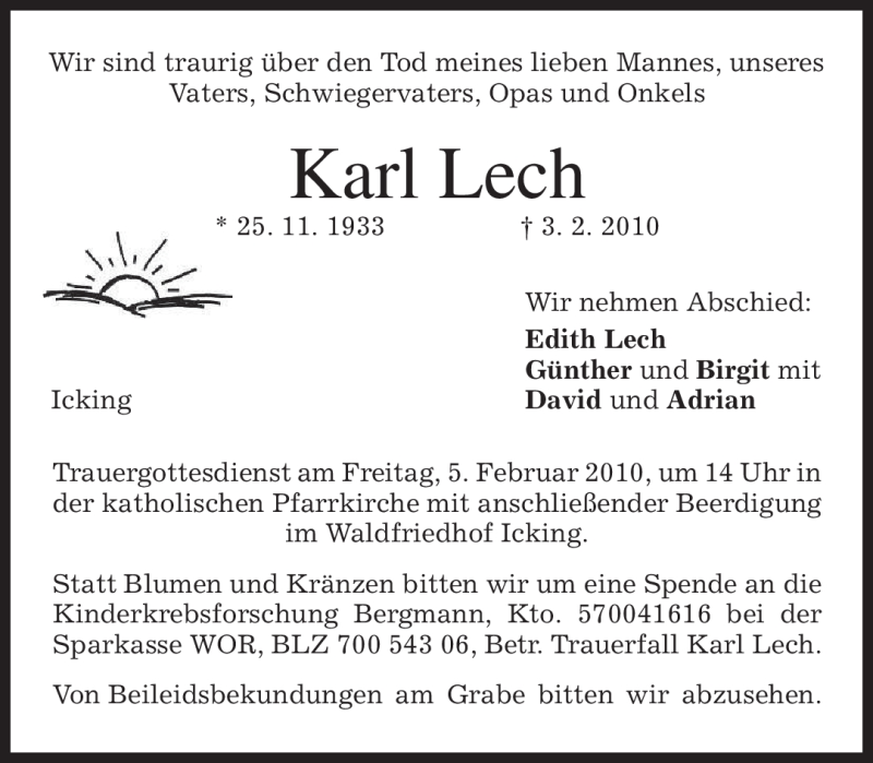  Traueranzeige für Karl Lech vom 04.02.2010 aus MERKUR & TZ