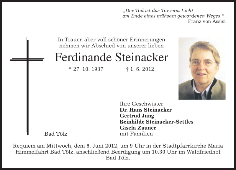  Traueranzeige für Ferdinande Steinacker vom 02.06.2012 aus MERKUR & TZ