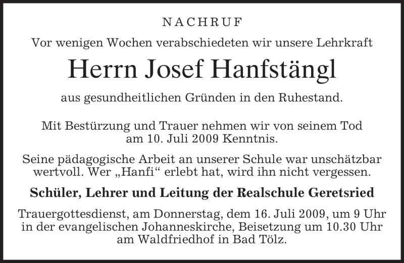  Traueranzeige für Josef Hanfstängl vom 14.07.2009 aus MERKUR & TZ