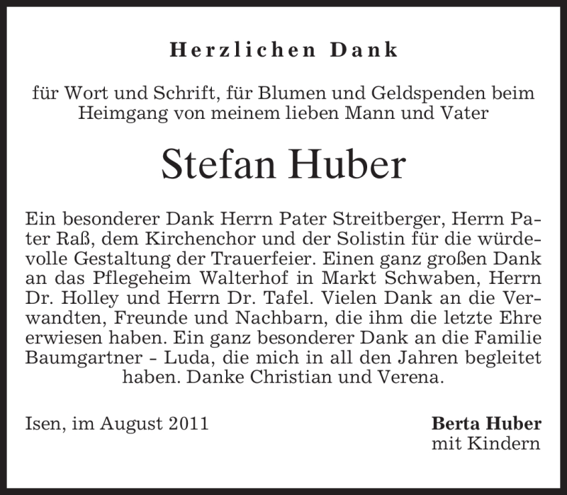  Traueranzeige für Stefan Huber vom 13.08.2011 aus MERKUR & TZ