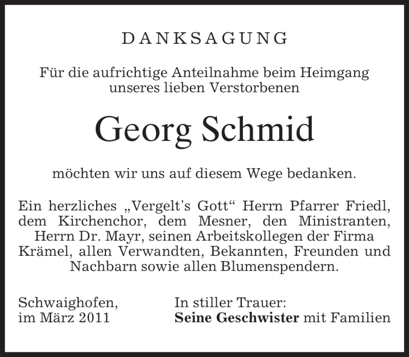  Traueranzeige für Georg Schmid vom 12.03.2011 aus MERKUR & TZ