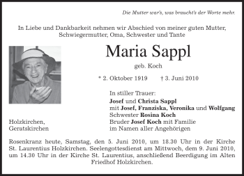 Traueranzeige von Maria Sappl von MERKUR & TZ