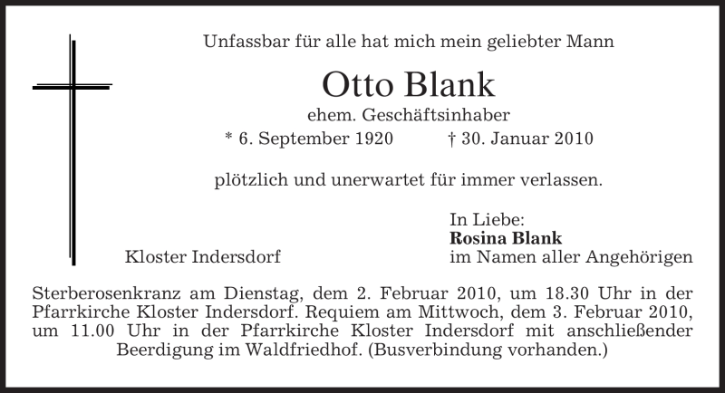  Traueranzeige für Otto Blank vom 01.02.2010 aus MERKUR & TZ