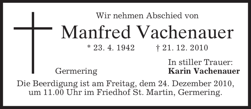  Traueranzeige für Manfred Vachenauer vom 23.12.2010 aus MERKUR & TZ